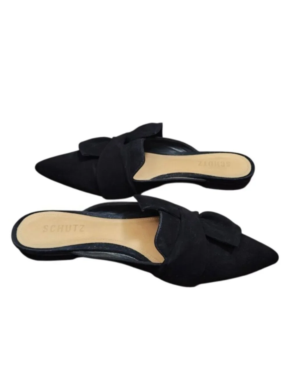 Schutz Black Suede Bow Pointed Toe Mule Flats Women’s Size 8.5B Leather
